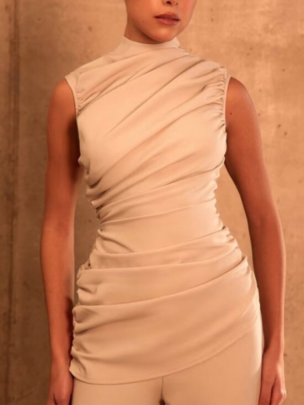 PLT Label Cream Tailored Extreme Ruched Asymmetrical Stretch Sleeveless Top